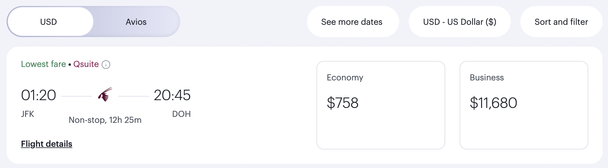 JFK to DOH cash Qatar Airways search